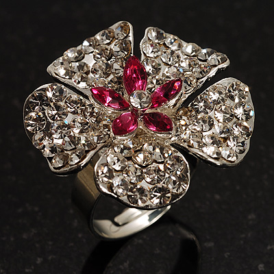 Silver Tone Diamante Flower Cocktail Ring (Clear & Fuchsia)