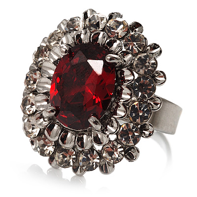 Hot Red Oval-Cut Cz Crystal Cocktail Ring (Silver Tone) - main view