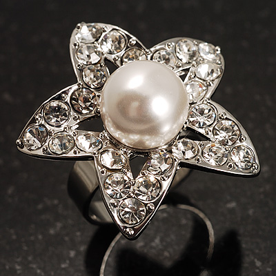 Crystal Star Pear Style Fashion Ring (Silver Tone) - main view