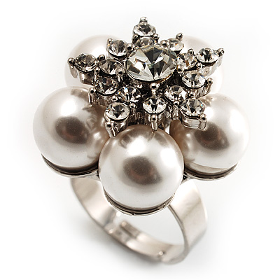 Snow White Faux Pearl Diamante Flower Ring (Silver Tone)