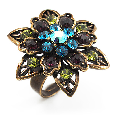 Bronze-Tone Crystal Flower Cocktail Ring (Multicoloured)