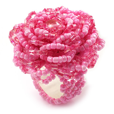 Baby Pink Glass Bead Flower Stretch Ring