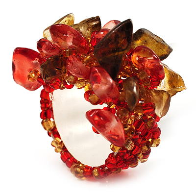 Brown & Red Glass Chip Cluster Flex Ring