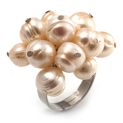 Light Cream Freshwater Pearl Cluster Ring (Silver Tone)