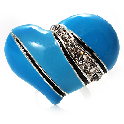 Light Blue Enamel Diamante Asymmetrical Heart Ring (Silver Tone) - main view