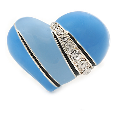 Blue Violet Enamel Crystal Asymmetrical Heart Ring In Silver Tone - Adjustable Size 8/9 - 40mm Across - main view