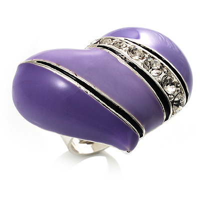 Lavender Enamel Diamante Asymmetrical Heart Ring (Silver Tone) - main view