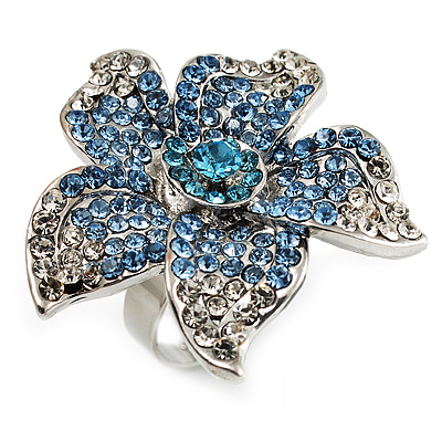 Light Blue Diamante Flower Ring (Silver Tone)
