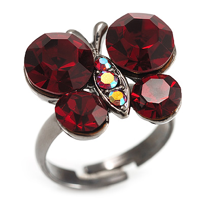 Small Ruby Red Coloured Crystal Butterfly Ring (Black Tone)