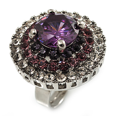 Amethyst CZ Statement Cocktail Ring (Silver Tone)