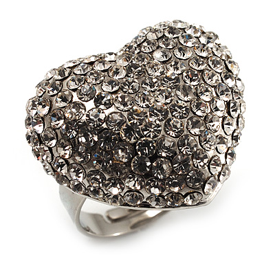 Clear Diamante Puffed Heart Ring (Silver Tone) - main view