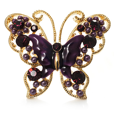 Large Aubergine Enamel Butterfly Ring (Gold Tone) - main view