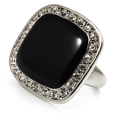 Black Enamel Crystal Square Ring (Silver Tone)