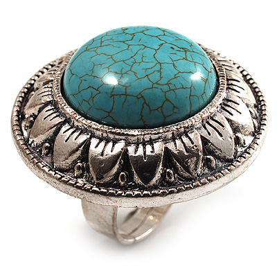 Round Turquoise Stone Cocktail Ring (Burn Silver Tone)