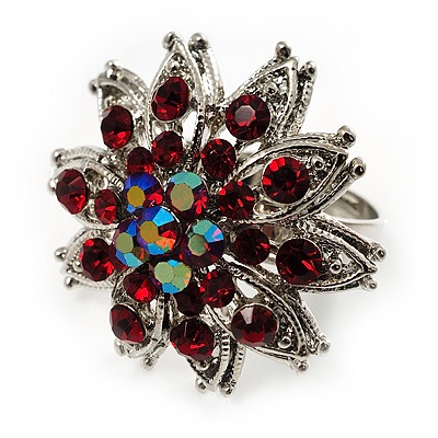Burgundy Red Diamante Floral Cocktail Ring (Silver Tone)