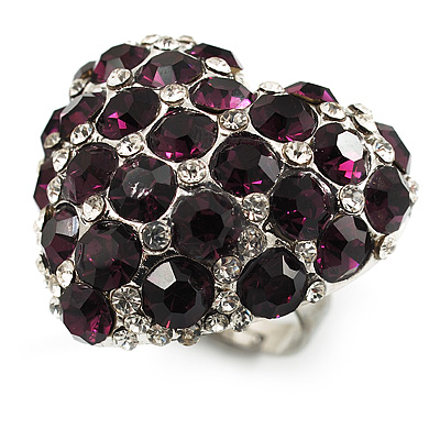 Deep Purple Diamante Puffed Heart Ring (Silver Tone)