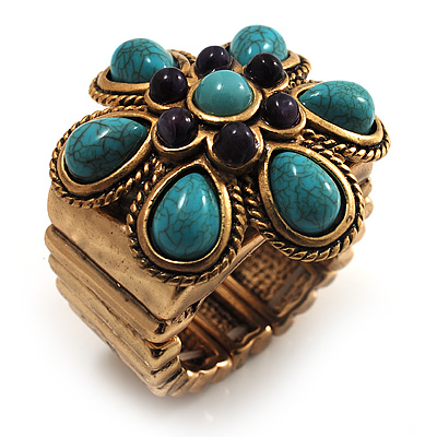 Turquoise Stone Flower Stretch Ring (Antique Gold Tone) - main view