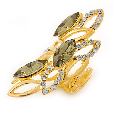 Olive/ Clear Crystal Elongate Cocktail Ring In Gold Tone Metal -