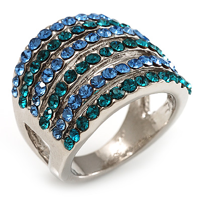 Silver Tone Wide Crystal Band Ring (Light Blue & Teal) - main view