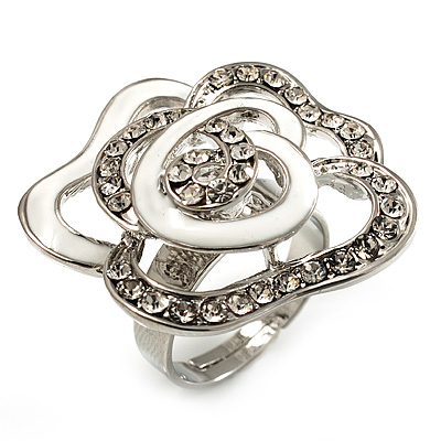Open Crystal White Enamel 'Rosebud' Ring (Rhodium Plated Finish)