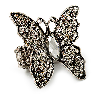 Large Diamante Butterfly Antique Burnt Silver Stretch Ring