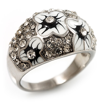 Dome Shaped Crystal Flower Ring (Silver Tone)