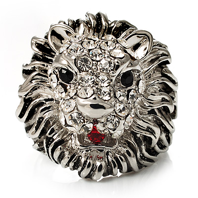 Statement Rhodium Plated Crystal 'Lion' Ring