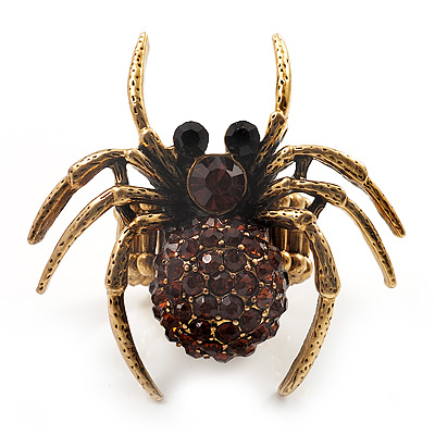 Stunning Amber Coloured Crystal Spider Stretch Cocktail Ring (Burn Silver Metal)