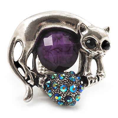 Burn Silver Purple Diamante Cat & Mouse Stretch Ring - main view