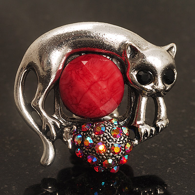 Burn Silver Red Diamante Cat & Mouse Stretch Ring