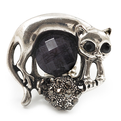 Burn Silver Black Diamante Cat & Mouse Stretch Ring