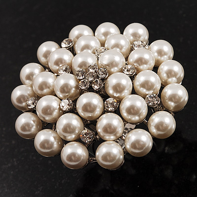 Oversized White Imitation Pearl Diamante Cocktail Ring (Silver Tone Metal) - 4.5cm Diameter - main view