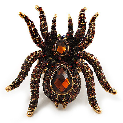 Oversized Amber Coloured Crystal Spider Stretch Cocktail Ring (Antique Gold Tone) - main view