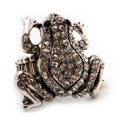Clear Diamante Frog Flex Ring (Antique Silver Metal) - Size 7/8 (Stretch)