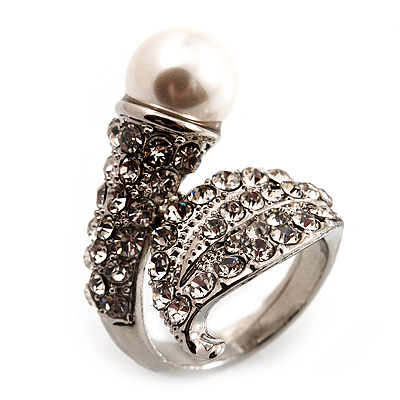 'Calla Lily' Wrap Simulated Pearl Diamante Ring (Silver Tone)