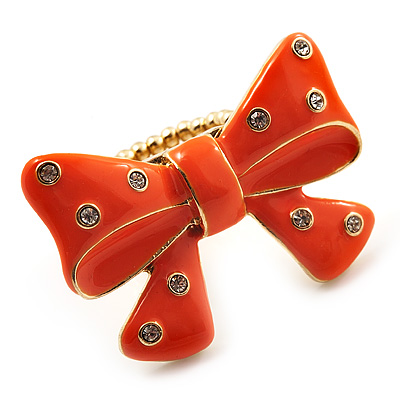 Large Bright Orange Enamel Crystal Bow Stretch Ring (Size 7-9) - main view