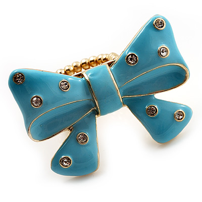 Large Bright Blue Enamel Crystal Bow Stretch Ring (Size 7-9) - main view