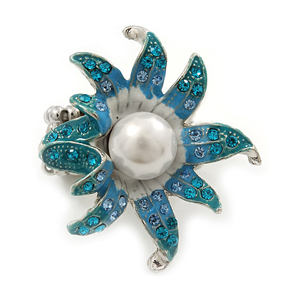 Aqua/ Light Blue Enamel, Crystal, Simulated Pearl 'Calla Lily' Flex Ring In Rhodium Plating - Size 7/8