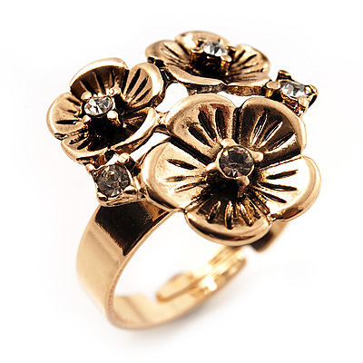 Delicate Crystal Flower Ring in Antique Gold Finish - Size 7/8