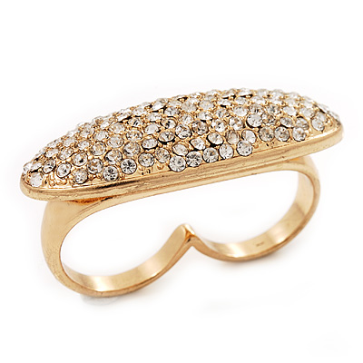 Gold Plated Pave Set Clear Austrian Crystal 'Shield' Double Finger Ring - 45mm Across - Size 7/8