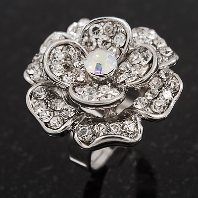 Large Layered Diamante 'Daisy' Ring In Rhodium Plating (Adjustable) - 2.5cm Diameter