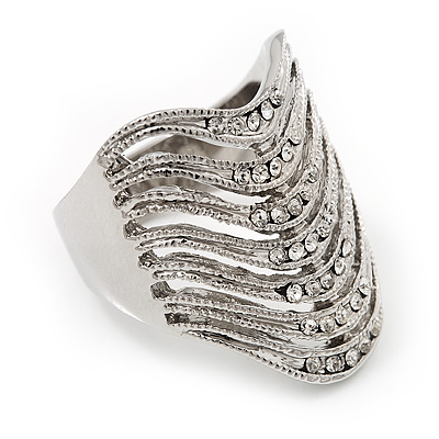 Wide Crystal Geometric Band Ring In Rhodium Plated Metal - 2cm Width