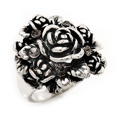 Vintage Rose Diamante Fancy Ring In Burn Silver Metal