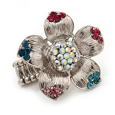 Multicoloured Diamante Daisy Flex Ring In Rhodium Plated Metal - main view