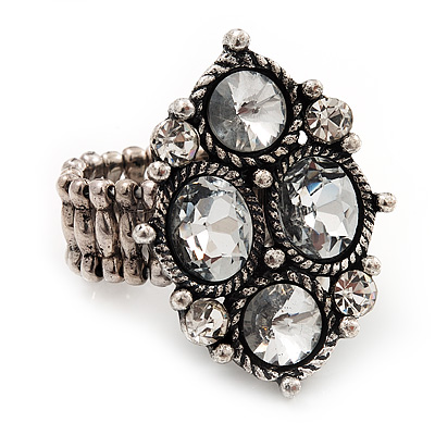 Vintage Diamond Shaped Crystal Flex Ring In Burn Silver Metal