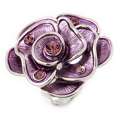 Lavender Enamel Crystal Rose Ring In Rhodium Plated Metal