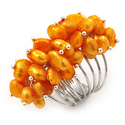 Wide Chunky Orange Freshwater Pearl Ring (Silver Plated Metal)