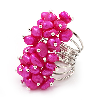 Wide Chunky Fuchsia Freshwater Pearl Ring (Silver Plated Metal)