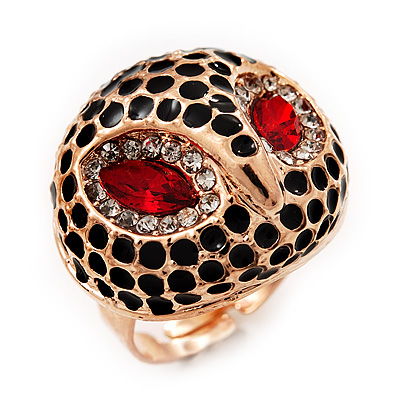 Gold Plated Diamante Owl Ring with Red Eyes - Adjustable