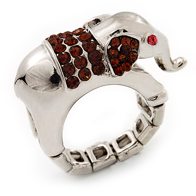 Rhodium Plated Diamante Elephant Stretch Ring